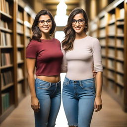 Lara, a world-class Portuguese female, 25 years old, with brunette hair, wearing glasses, and a perfect body, stands in an empty library