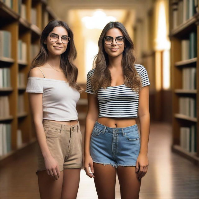 Lara, a world-class Portuguese female, 25 years old, with brunette hair, wearing glasses, and a perfect body, stands in an empty library