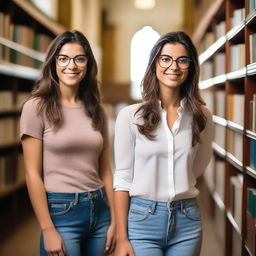 Lara, a world-class Portuguese female, 25 years old, with brunette hair, wearing glasses, and a perfect body, stands in an empty library