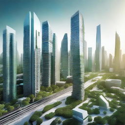 Create an image of a highly developed country with modern skyscrapers, advanced technology, clean streets, and lush green spaces