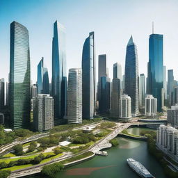 Create an image of a highly developed country with modern skyscrapers, advanced technology, clean streets, and lush green spaces