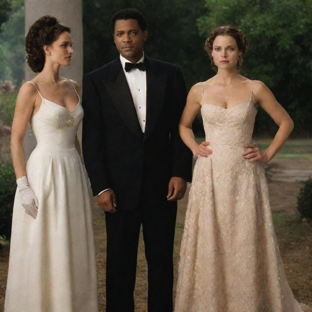 Abel and a stunningly beautiful woman from his era stand together, while Cain is seen with another woman, who is less desirable in comparison. They are all outfitted in the period's dress.