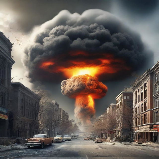 Create an image showing the moment a nuclear bomb is dropped on a city