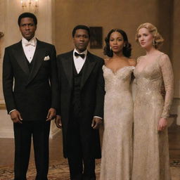 Abel and a stunningly beautiful woman from his era stand together, while Cain is seen with another woman, who is less desirable in comparison. They are all outfitted in the period's dress.