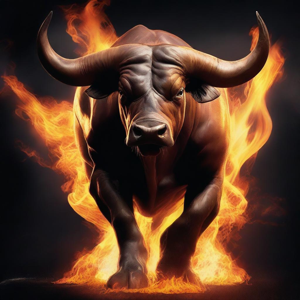 A powerful and fierce bull standing in a dramatic pose, with flames surrounding it to emphasize its strength and intensity