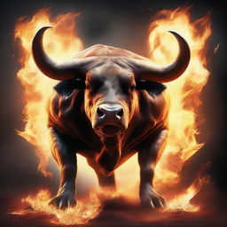 A powerful and fierce bull standing in a dramatic pose, with flames surrounding it to emphasize its strength and intensity