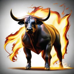 A powerful and fierce bull standing in a dramatic pose, with flames surrounding it to emphasize its strength and intensity