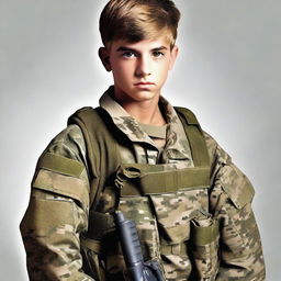 Create an image of the same teenage boy, now grown up and serving as a soldier in the military