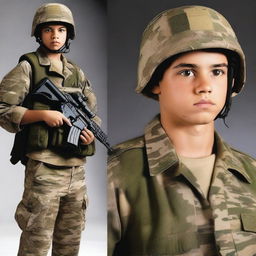 Create an image of the same teenage boy, now grown up and serving as a soldier in the military