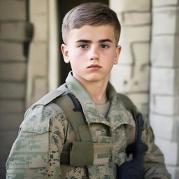 Create an image of the same teenage boy, now grown up and serving as a soldier in the military