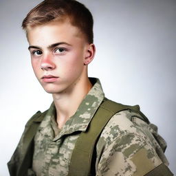 Create an image of the same teenage boy, now grown up and serving as a soldier in the military