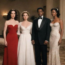 Abel and a stunningly beautiful woman from his era stand together, while Cain is seen with another woman, who is less desirable in comparison. They are all outfitted in the period's dress.