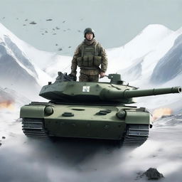 Create an image of the grown-up boy, now a soldier, riding a tank and fighting against enemies from the country of Greenland