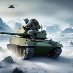 Create an image of the grown-up boy, now a soldier, riding a tank and fighting against enemies from the country of Greenland