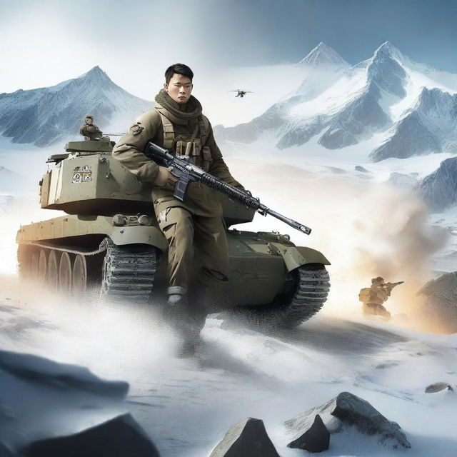 Create an image of the grown-up boy, now a soldier, riding a tank and fighting against enemies from the country of Greenland