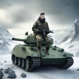 Create an image of the grown-up boy, now a soldier, riding a tank and fighting against enemies from the country of Greenland