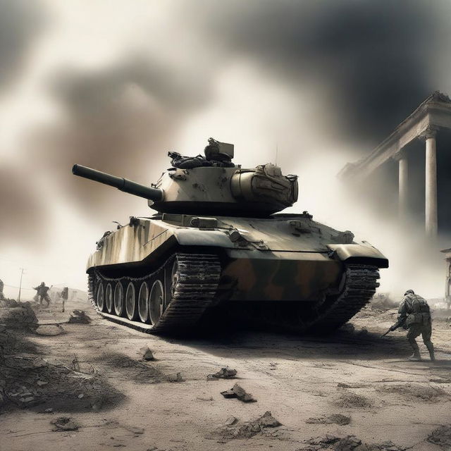 Create an image showing an enemy soldier attaching a bomb to a tank in a war-torn environment