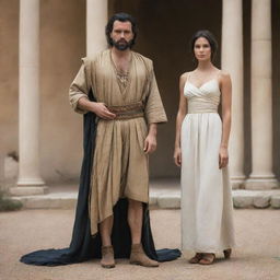 Abel, a figure from ancient times, stands beside a breathtakingly beautiful woman of the same epoch. They are both clothed in period-appropriate attire, capturing the essence of their era.