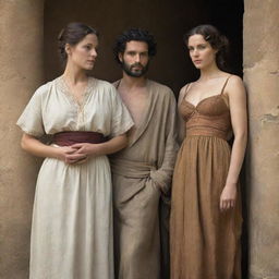 Abel, a figure from ancient times, stands beside a breathtakingly beautiful woman of the same epoch. They are both clothed in period-appropriate attire, capturing the essence of their era.