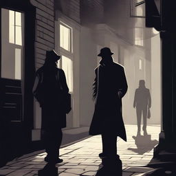 A detailed illustration of a thief in a dimly lit street, with a detective observing from the background