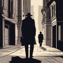 A detailed illustration of a thief in a dimly lit street, with a detective observing from the background