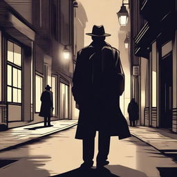 A detailed illustration of a thief in a dimly lit street, with a detective observing from the background