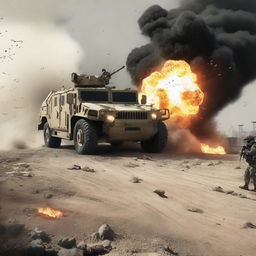 Create an image of a military vehicle being shot at by enemies and exploding with a massive radius of 90 meters