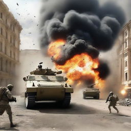 Create an image of a military vehicle being shot at by enemies and exploding with a massive radius of 90 meters