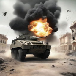 Create an image of a military vehicle being shot at by enemies and exploding with a massive radius of 90 meters