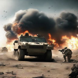 Create an image of a military vehicle being shot at by enemies and exploding with a massive radius of 90 meters