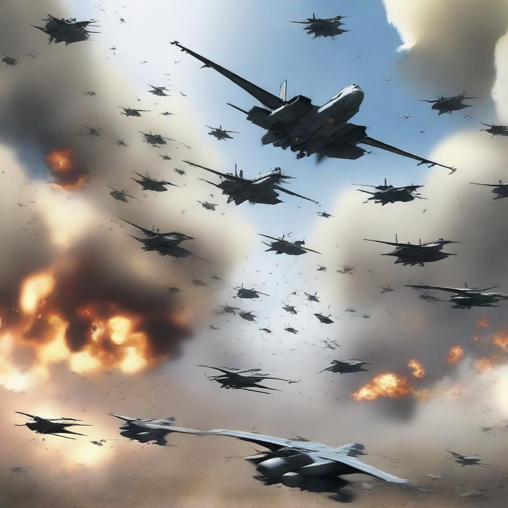 Create an image showing a sudden massive air assault by an alliance, deploying 900,000 aircraft to attack the enemy