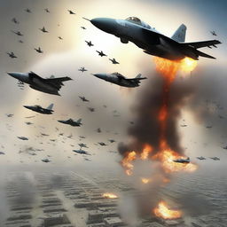 Create an image showing a sudden massive air assault by an alliance, deploying 900,000 aircraft to attack the enemy