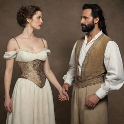 Abel, a figure from ancient times, stands beside a breathtakingly beautiful woman of the same epoch. They are both clothed in period-appropriate attire, capturing the essence of their era.