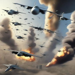 Create an image showing a sudden massive air assault by an alliance, deploying 900,000 aircraft to attack the enemy