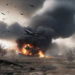 Create an image depicting the aftermath of a devastating explosion caused by 9,000 alliance aircraft, resulting in the death of all enemy forces