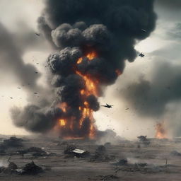 Create an image depicting the aftermath of a devastating explosion caused by 9,000 alliance aircraft, resulting in the death of all enemy forces