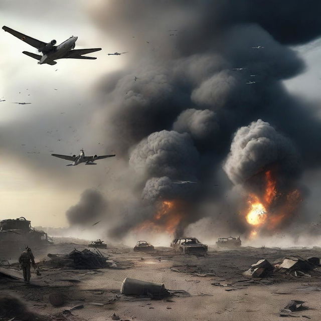 Create an image depicting the aftermath of a devastating explosion caused by 9,000 alliance aircraft, resulting in the death of all enemy forces