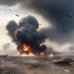 Create an image depicting the aftermath of a devastating explosion caused by 9,000 alliance aircraft, resulting in the death of all enemy forces