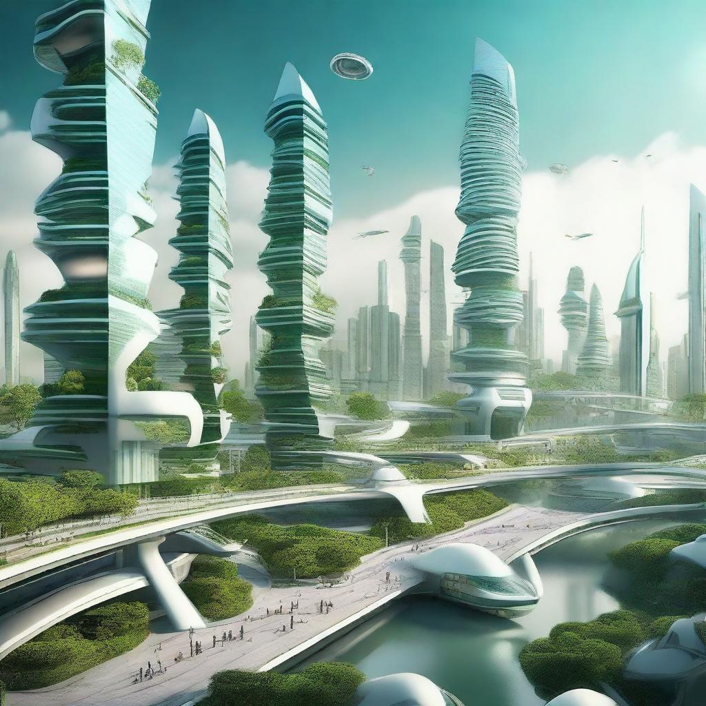 Create an image of a futuristic city in the year 2090 that has been rebuilt after a devastating war