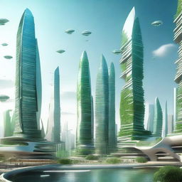 Create an image of a futuristic city in the year 2090 that has been rebuilt after a devastating war