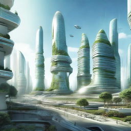 Create an image of a futuristic city in the year 2090 that has been rebuilt after a devastating war