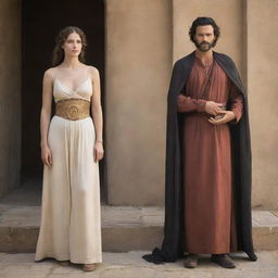 Abel, a figure from ancient times, stands beside a breathtakingly beautiful woman of the same epoch. They are both clothed in period-appropriate attire, capturing the essence of their era.