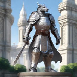 A noble Silver Dragonborn Paladin adorned in intricate, silver armor with elegant engravings and a simplified dragon head sacred stamp