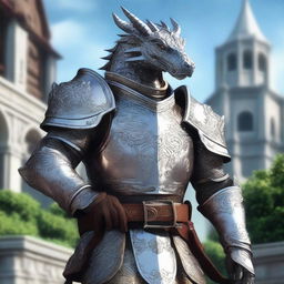 A noble Silver Dragonborn Paladin adorned in intricate, silver armor with elegant engravings and a simplified dragon head sacred stamp