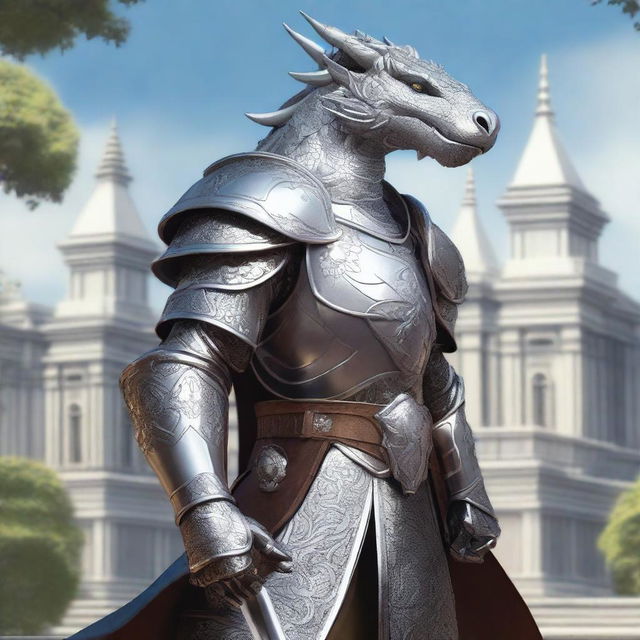 A noble Silver Dragonborn Paladin adorned in intricate, silver armor with elegant engravings and a simplified dragon head sacred stamp