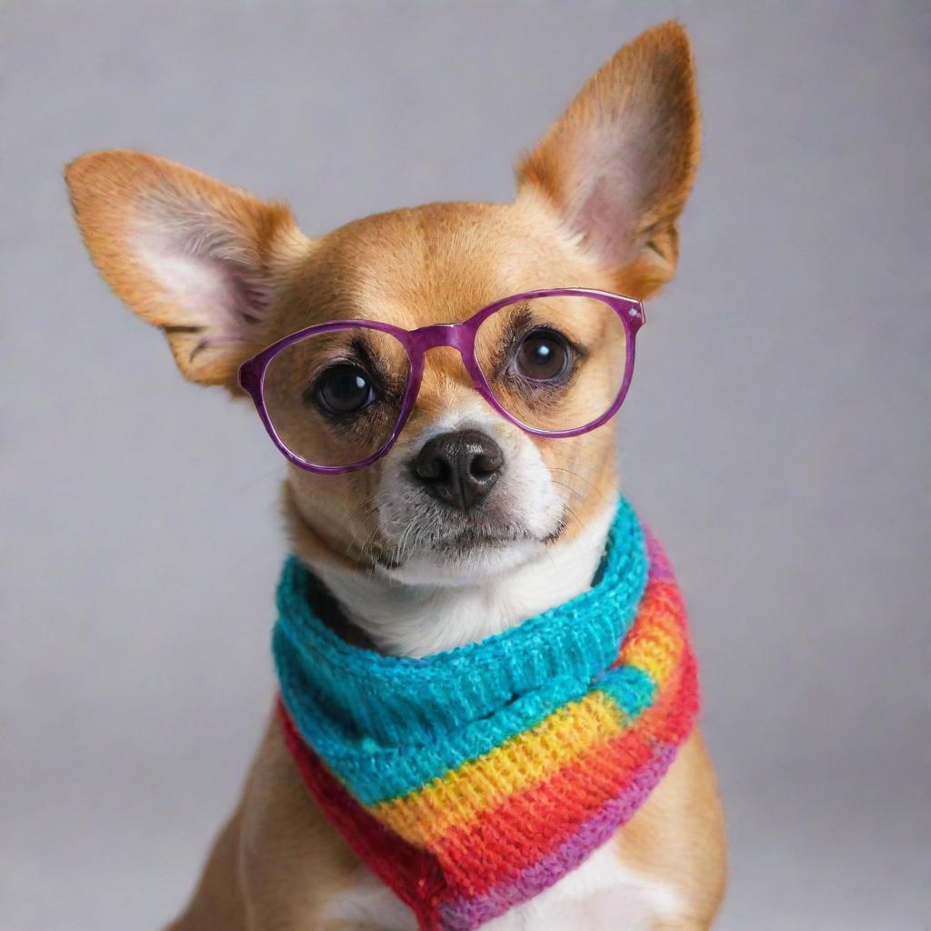 Cute little dog wearing sophisticated glasses and a colorful scarf