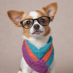 Cute little dog wearing sophisticated glasses and a colorful scarf