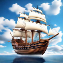 A majestic flying ship sailing through a clear blue sky with fluffy white clouds