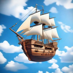 A majestic flying ship sailing through a clear blue sky with fluffy white clouds