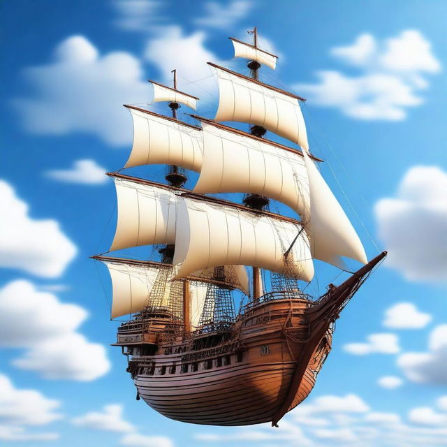 A majestic flying ship sailing through a clear blue sky with fluffy white clouds